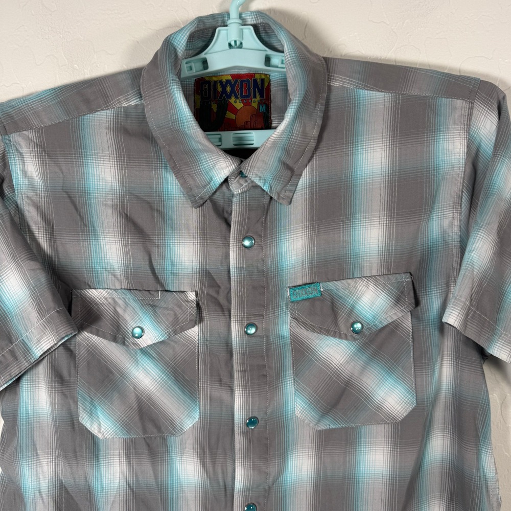 Dixxon Shirt Mens Medium Gray Blue Bisbee Pearl Snap Western Short Sleeve Plaid